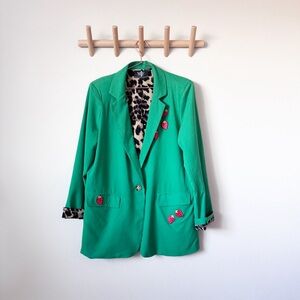 Zara Vibrant Green Blazer with Animal Print and Red Accents